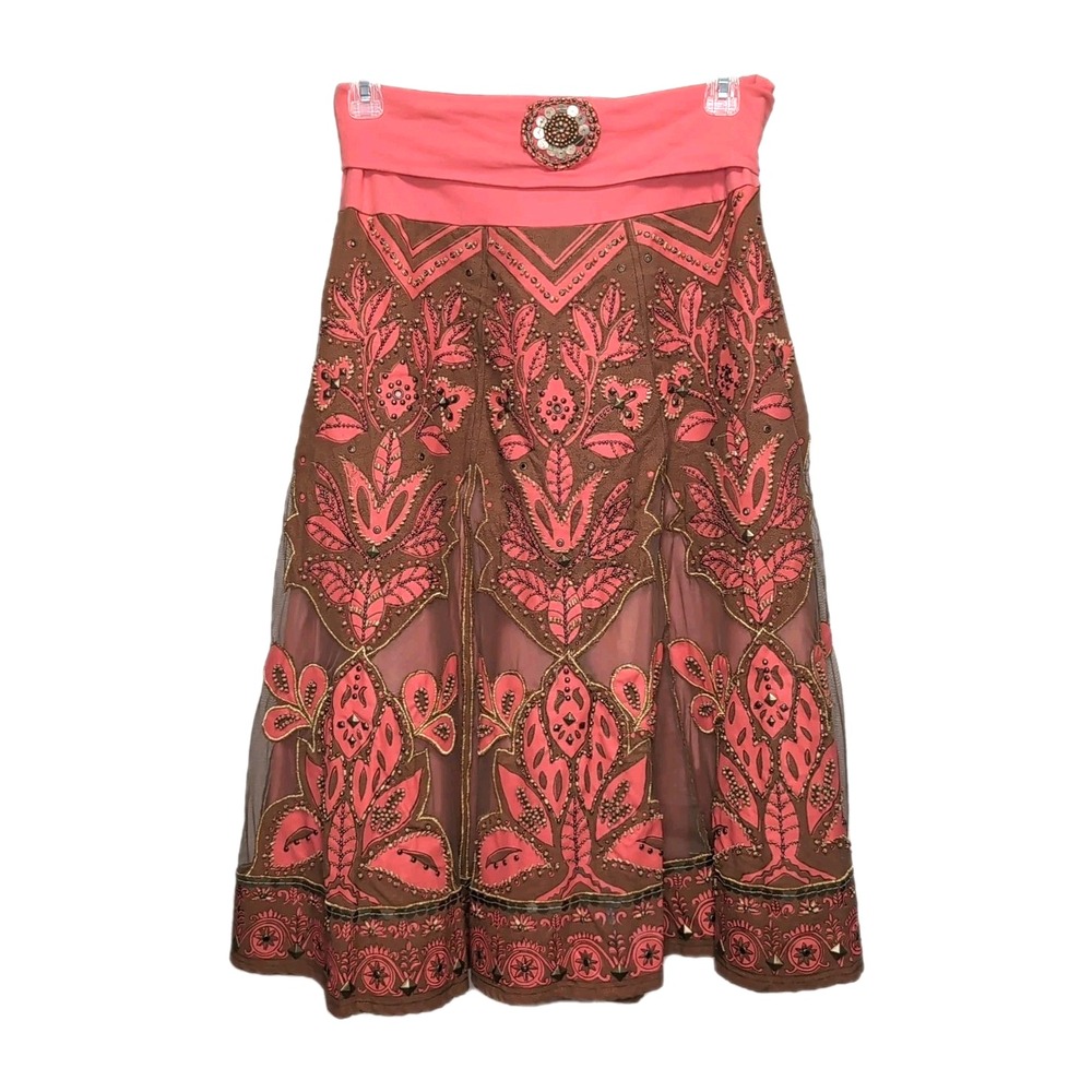 Basil & Maude A-Line Skirt Size 4 Coral Brown Embroidered Beaded Mesh Lined READ - Picture 2 of 16